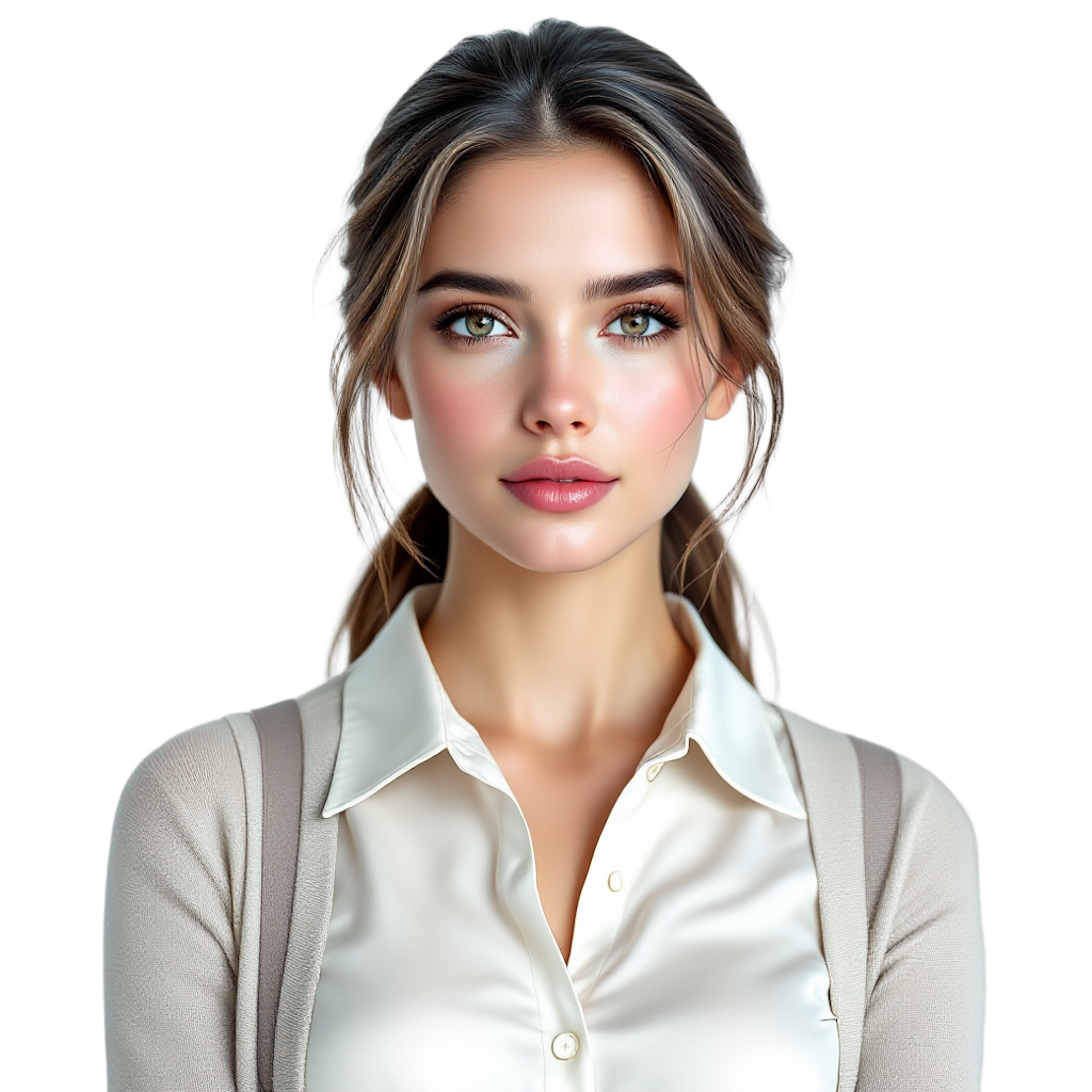 Image of a young, 20 to 25-year-old, Norwegian woman dressed in business casual attire. She is wearing a shirt with some neckline under a cardigan, positioned in a full-body shot, centered. The setting should embody professionalism and approachability, with a minimalist aesthetic and a light, clean color scheme.